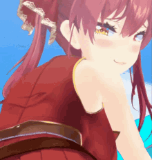 a close up of a red haired anime character