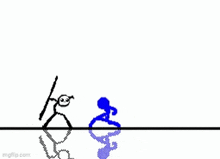 a black and white drawing of a skeleton with a sword and a reflection of a skeleton in the water .