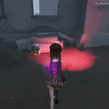 a girl in a red dress is standing in a red room with the words tsy merchant on the bottom