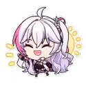 a cartoon girl with long white hair and a ponytail is smiling and sitting down .