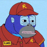 a cartoon gorilla wearing a red hat and a red shirt with the word ronke on it .