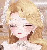 a close up of a girl with blonde hair and a necklace
