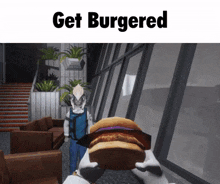 a video game character is holding a hamburger with the words get burgered above him