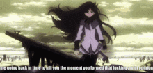a girl in a purple jacket is standing in front of a cloudy sky with the words me going back in time