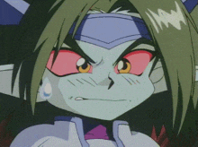 a close up of a cartoon character 's face with red eyes and a blue headband