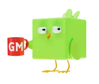 a green bird holding a red mug with its beak