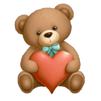 a teddy bear with a blue bow holds a red heart