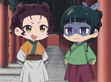 two anime characters are standing next to each other and one is making a funny face