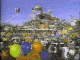 a crowd of people are gathered in a park with balloons flying in the air