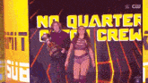 a woman in a wrestling outfit is walking in front of a sign that says no quarter