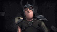 a cartoon character with horns is standing in front of a wall with a dragon on it