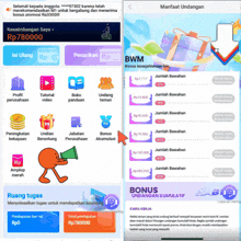 a screenshot of an app called bwm with a cartoon character
