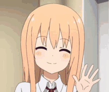a cartoon girl with long blonde hair is waving at the camera .