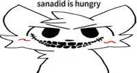 a black and white drawing of a cat with braces on its teeth and the words sanadid is hungry below it