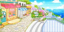 a pixel art drawing of a street with shops and a sign that says i love you