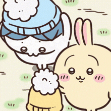 a cartoon drawing of a man and a rabbit with the rabbit wearing a blue hat