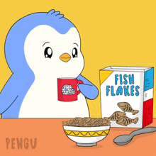 a penguin is drinking a cup of coffee next to a box of fish flakes cereal