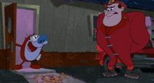 a cartoon of a man in a red jacket standing next to another man