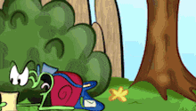a cartoon drawing of a snail laying on the grass