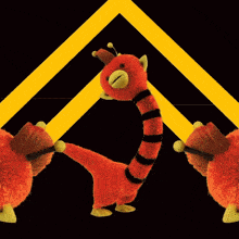 a stuffed animal is surrounded by a yellow and black sign that says " a la la la "