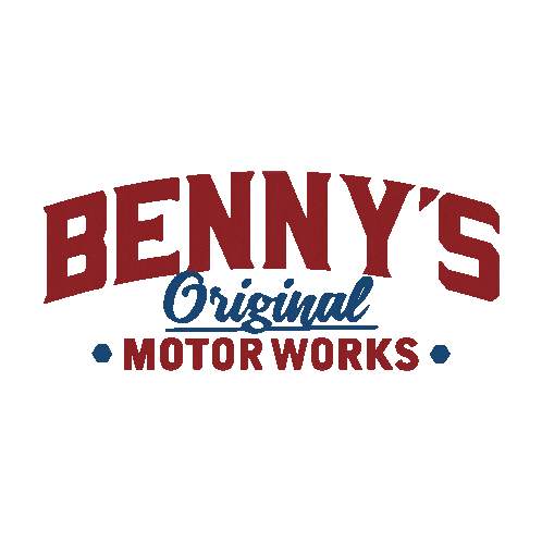 a logo for benny 's original motor works in red and blue