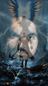 a painting of a man with an axe and a bird with wings