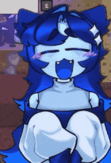 a cartoon character with blue hair and white arms and legs