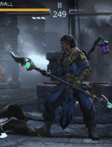 a man with a spear in a video game with the number 249 behind him