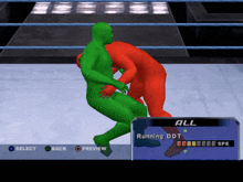 a video game screen shows a green wrestler and a red wrestler in a wrestling match