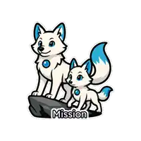 two white foxes standing on a rock with mission written on the bottom