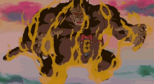 a cartoon character is surrounded by flames and is flying through the air .