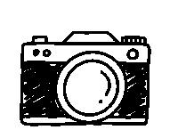 a black and white drawing of a camera with a lens on a white background .