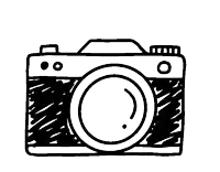 a black and white drawing of a camera with a lens on a white background .