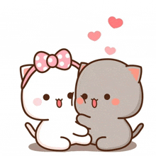 a cartoon of two cats hugging each other with hearts floating in the background