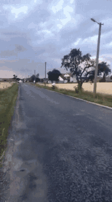 a road with a tree on the side of it and a cloudy sky