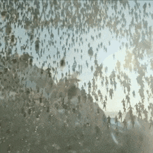 a large flock of birds are flying in the sky above a body of water .
