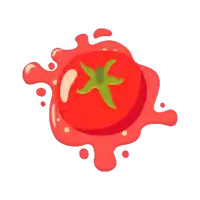 a red tomato with a green stem is surrounded by red liquid