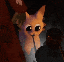 a cartoon cat with big eyes is standing next to a man in a dark room .
