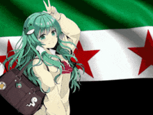 a girl with green hair is giving a peace sign in front of a flag with red stars