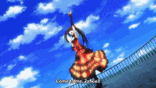 a girl in a red dress is jumping in the air with the words come to me zafkiel written on the bottom .