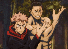 two anime characters are standing next to each other in the woods .