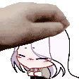 a cartoon girl with a hat on her head is being touched by a hand .