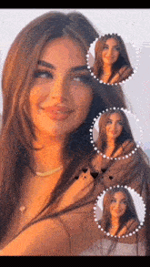 a close up of a woman 's face surrounded by circles with hearts on them