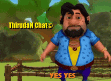 a cartoon character with a beard and a blue shirt says " yes yes "