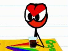 a stick figure with a red heart on his face is pouring a glass of chocolate into a rainbow of crayons .