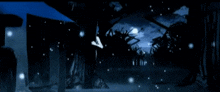 a person hanging from a tree in a dark forest at night