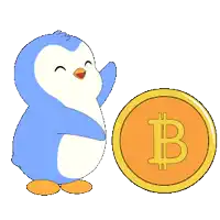 a blue and white penguin standing next to a gold coin with the letter b on it