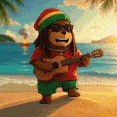 a cartoon of a bear with dreadlocks playing a guitar on the beach