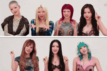 a group of women are standing next to each other and one of them has a green wig on