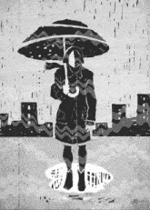a black and white drawing of a man holding an umbrella in the rain